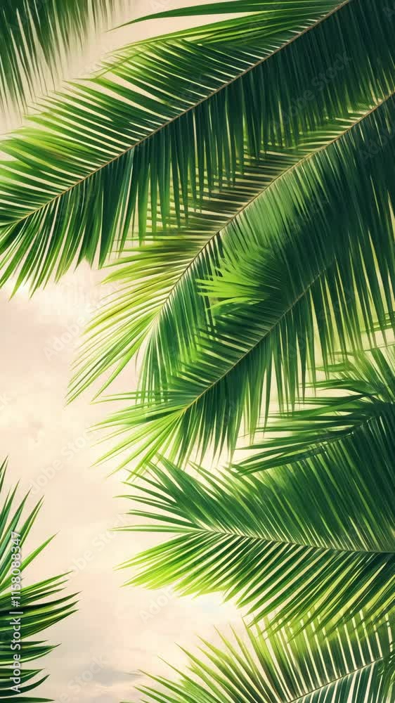 Lush green palm leaves create a tropical atmosphere under a bright sky during midday Lush green palm leaves create a tropical atmosphere under a bright sky during midday