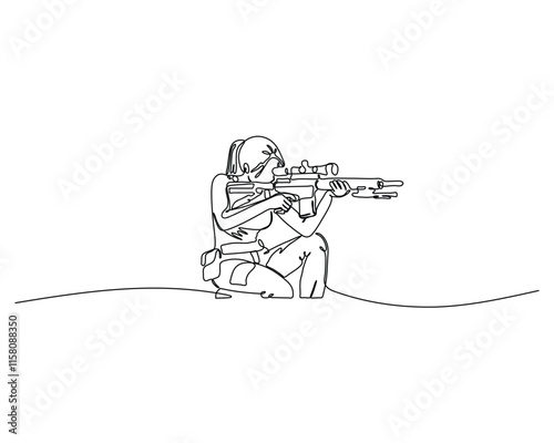 Continuous line drawing of a kneeling woman aiming a rifle with a scope. Minimalist vector illustration of a female sniper or soldier. Single line art for military, hunting, or sport shooting.