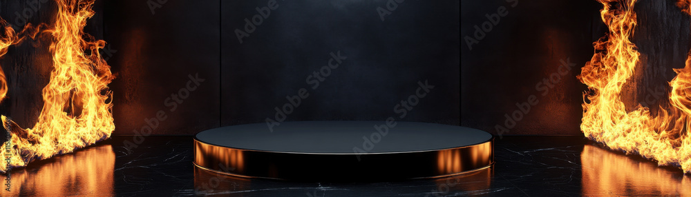 Fototapeta premium black podium on dark floor, surrounded by flames, creates dramatic and intense atmosphere. fiery backdrop enhances visual impact, perfect for showcasing talent or products