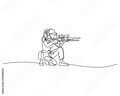 Continuous line drawing of a kneeling woman aiming a scoped rifle. Minimalist illustration of a female shooter, hunter, or soldier. Single line art for hunting, military, or sport shooting concept