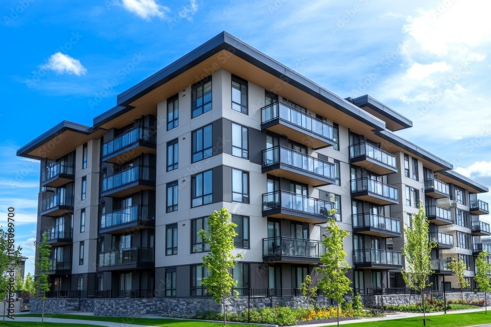 Fototapeta premium Modern apartment building with balconies, landscaping, and blue sky.