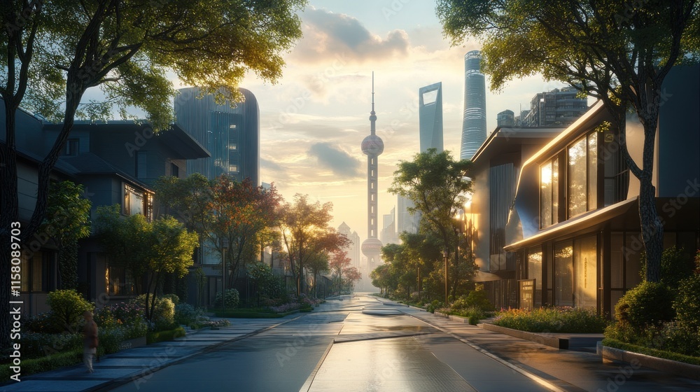 Sunrise over modern city street lined with trees and buildings. Sunrise over modern city street lined with trees and buildings.