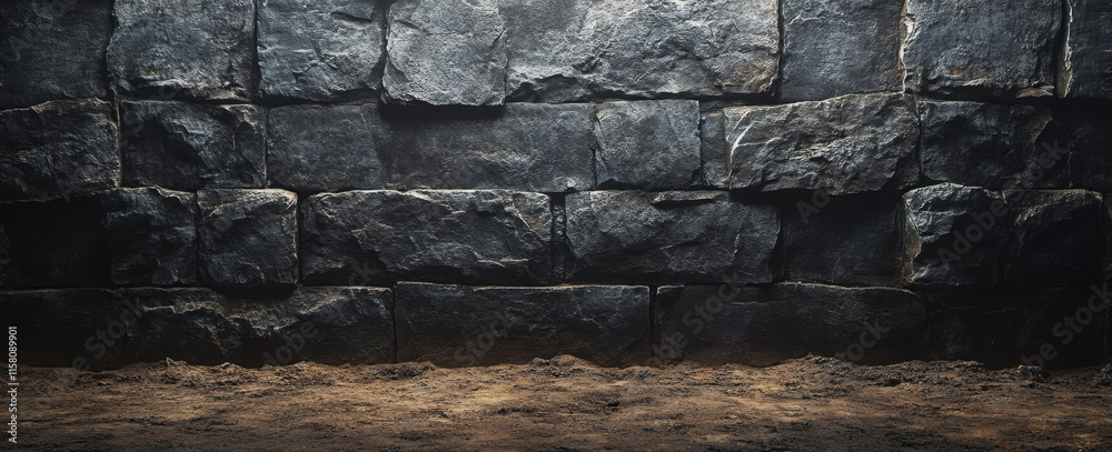 Fototapeta premium dark flat wall made of rough stone blocks, creating rustic and textured background. earthy tones and rugged surface evoke sense of strength and durability