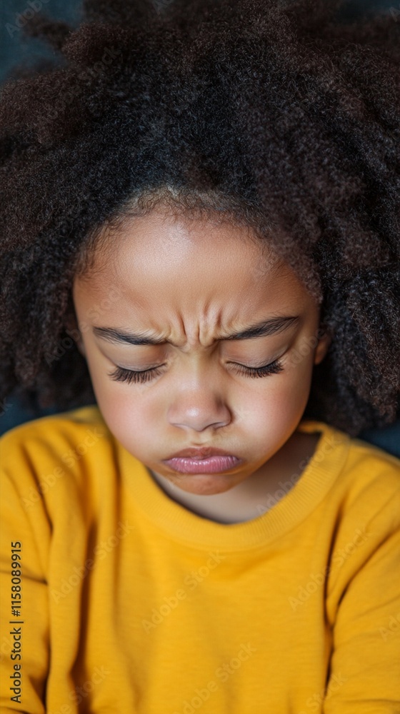 Close-up portrait of a young child with natural curly hair wearing bright yellow sweater showing frustrated or upset expression with furrowed brows and closed eyes.