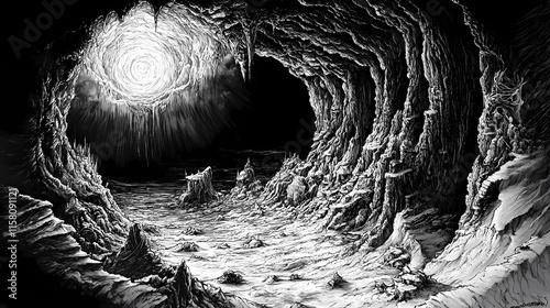 A chasm in the earth's crust leading to an eldritch abyss, where unimaginable horrors and cosmic entities lurk in the shadows. Eldritch. Illustration