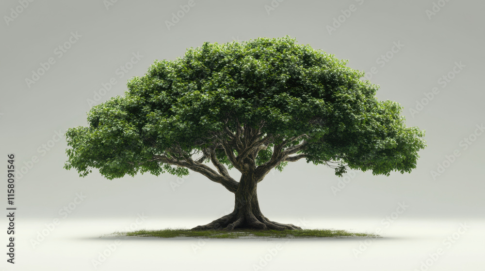 large, lush green tree with broad canopy and thick trunk stands prominently against neutral background, symbolizing nature beauty and strength large, lush green tree with broad canopy and thick trunk stands prominently against neutral background, symbolizing nature beauty and strength