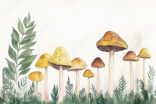 Watercolor Mushrooms and Ferns Illustration