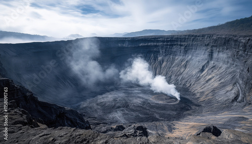 long dormant volcano sunken within vast crater, showcasing dramatic geological features and steam rising from center, evokes sense of awe and mystery