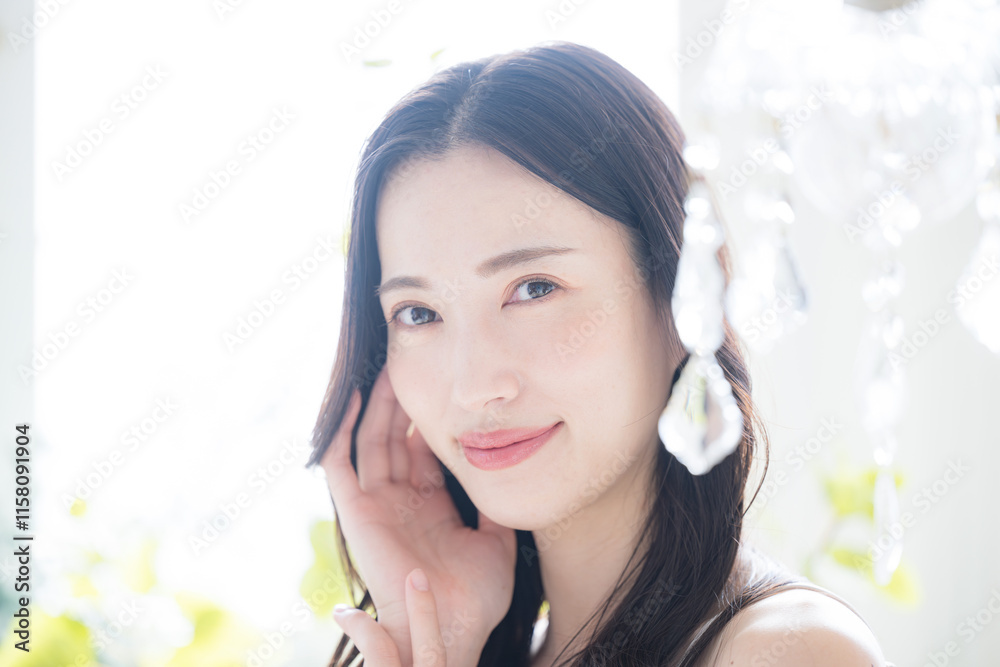 Beautiful young woman's bare skin feeling beautiful hands touching cheeksBeauty imageClose upCamera eye view Beautiful young woman's bare skin feeling beautiful hands touching cheeksBeauty imageClose upCamera eye view