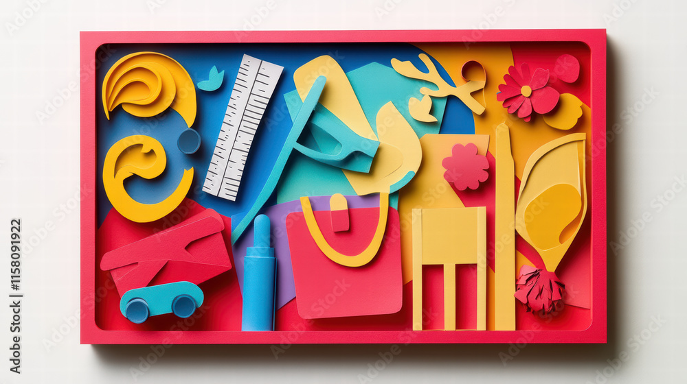 Obraz premium Bright and playful papercut design featuring school essentials like scissors, ruler, and colorful stationery. This vibrant composition evokes creativity and fun in learning