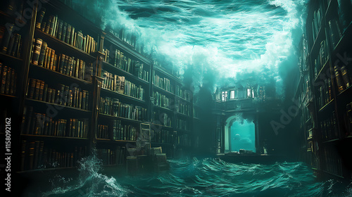 An eldritch library in the depths of the ocean, where forbidden knowledge is kept under lock and key,. Eldritch. Illustration