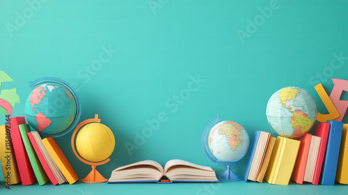 Charming back to school theme featuring colorful globes, books, and layered paper cutouts. Perfect for educational settings and creative projects