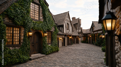 charming cobblestone street lined with ivy covered buildings, evoking nostalgia and tranquility