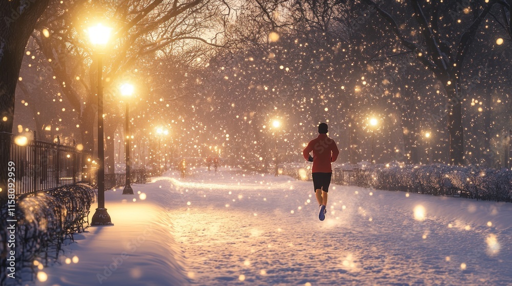 Obraz premium Runner in snowy park at sunset.
