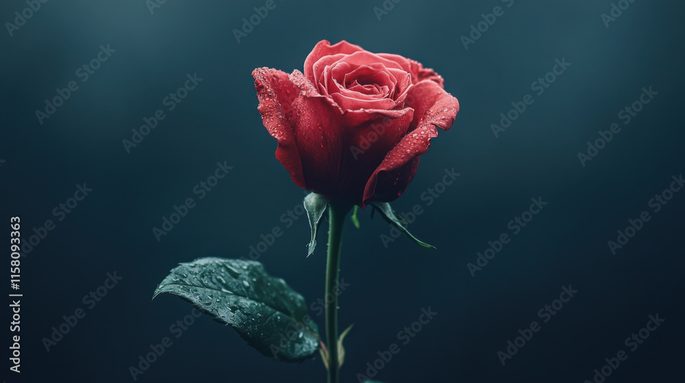 single deep red rose stands elegantly against dark background, adorned with droplets of water that enhance its beauty and freshness. This captivating flower symbolizes love and passion