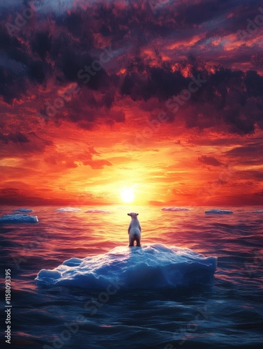 Lonely polar bear stands on a small melting ice floe at sunset in a vibrant arctic landscape. Generative AI