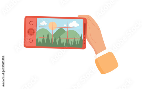 A user holds a smartphone in their hand. A hand grips a mobile phone capturing photo. The application displays camera screen on the device, flat visual style, suitable for media and technology.