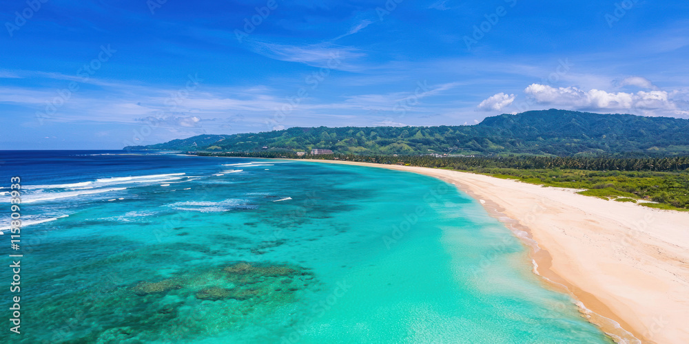 Obraz premium stunning tropical beach with clear turquoise waters and golden sand, surrounded by lush greenery and mountains