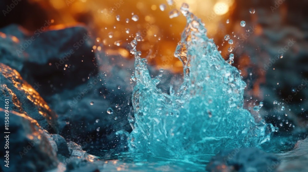 Fototapeta premium Teal water splashing on dark rocks with warm background.