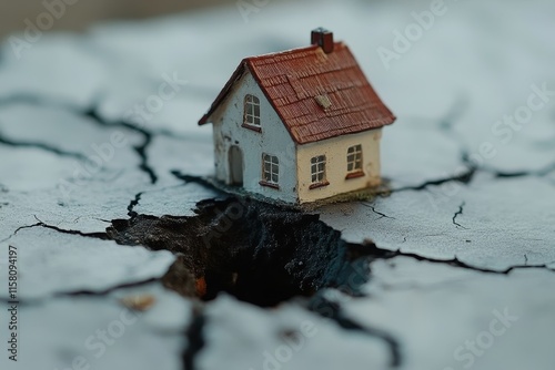 Small house model on cracked ground. Illustrates home damage, land instability, or natural disaster.