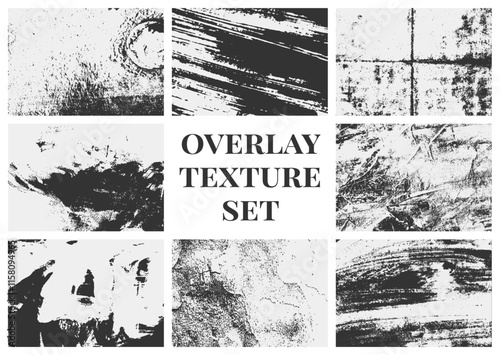 Overlay texture set featuring grunge-style distressed grain, scratches, and rough textures. A collection ideal for adding an aged, worn look to projects.