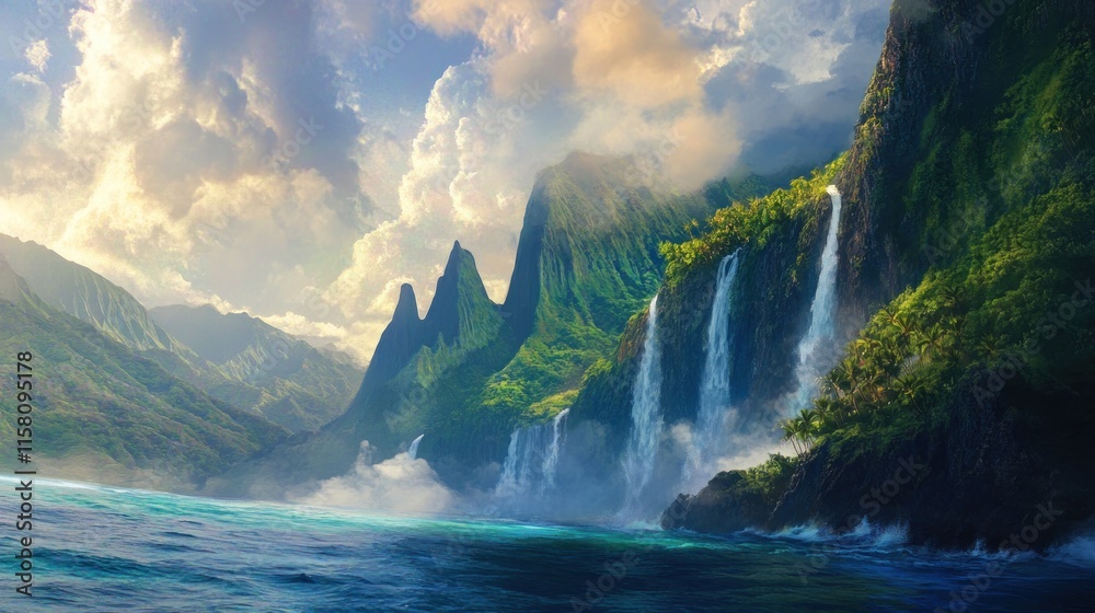 Fototapeta premium Lush green cliffs with multiple waterfalls cascading into a turquoise ocean under a cloudy sky.