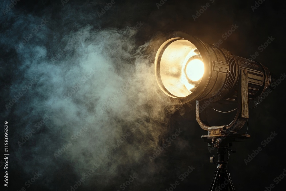 Powerful spotlight illuminating smoky dark background. Powerful spotlight illuminating smoky dark background.