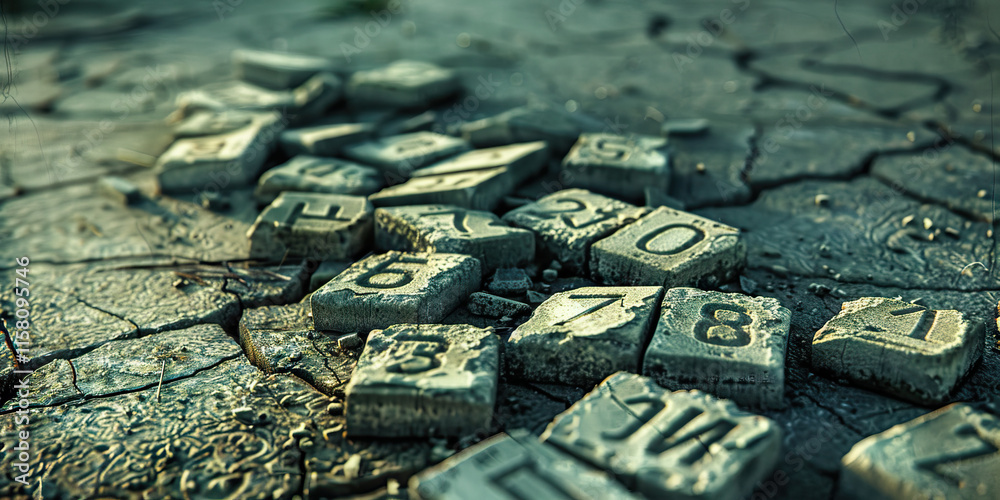 Naklejka premium Scattered Number Tiles on Cracked Earth