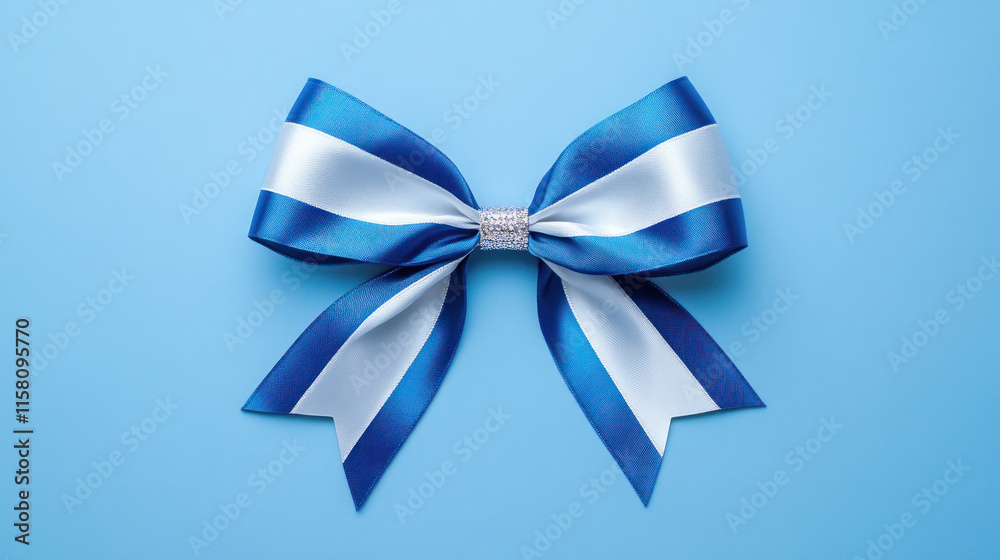 Blue and white satin ribbon bow on blue background. Blue and white satin ribbon bow on blue background.