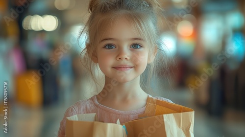 A smiling girl holding shopping bags in a mall.