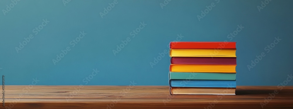 Fototapeta premium Colorful book stack on wooden table against teal background.