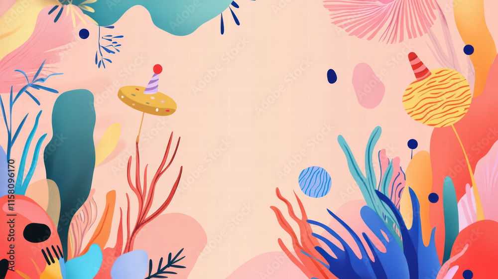 Obraz premium Colorful and playful birthday themed template featuring vibrant shapes, whimsical elements, and festive decorations, perfect for celebrations and invitations