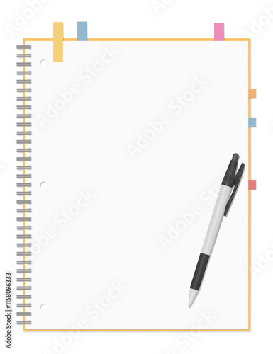 シンプルな無地のノートと付箋、ボールペンのセット、リングノート