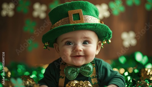 Adorable Baby Dressed as a Tiny Leprechaun Surrounded by Green Decor for St. Patrick's Day Celebration
