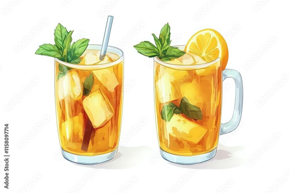 Fototapeta premium Refreshing Iced Tea: Lemon & Mint Summer Drinks Recipe, Two Glass Variations, Cool and Delicious Beverage