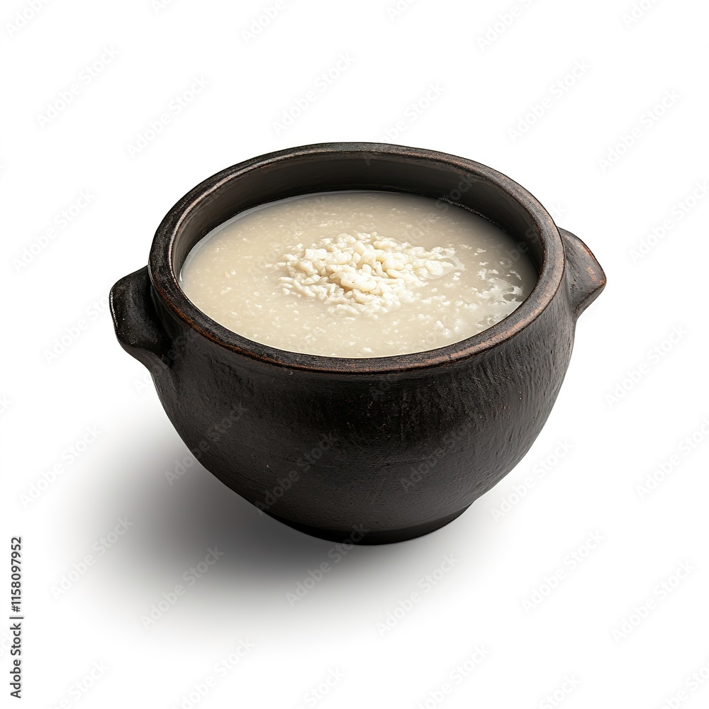 Dark Chinese round clay pot filled with white porridge, captured with clear details and textures. The minimal composition features a mockup style with a drop shadow, Dark Chinese round clay pot filled with white porridge, captured with clear details and textures. The minimal composition features a mockup style with a drop shadow,