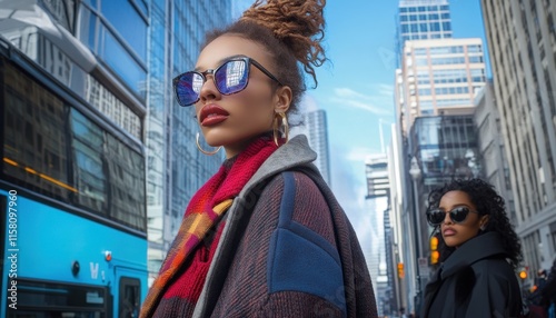 Chic Portrait Collage of Fashionistas in Urban Setting with Vibrant City Background and Stylish Accessories photo