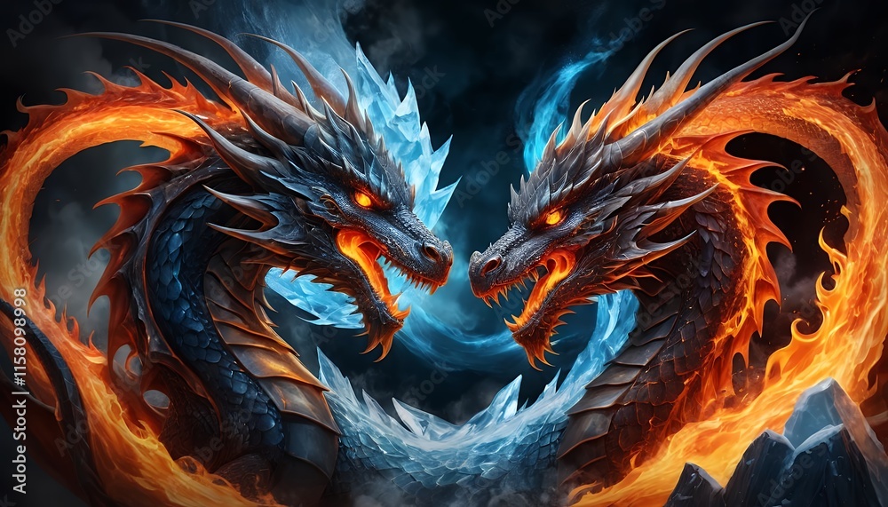 Fiery and Icy Dragons Facing Off in an Intense Dual Element Battle Fiery and Icy Dragons Facing Off in an Intense Dual Element Battle