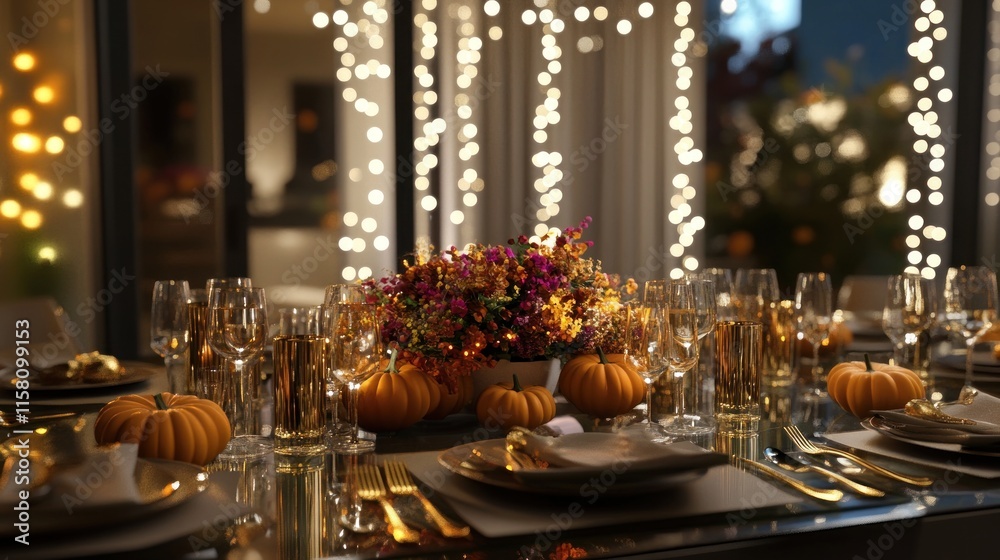 Fototapeta premium Festive autumn table setting with pumpkins, flowers, and golden cutlery.