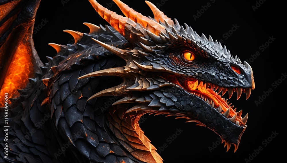 Fiery Black Dragon Displaying Power and Strength with Glowing Eyes Fiery Black Dragon Displaying Power and Strength with Glowing Eyes