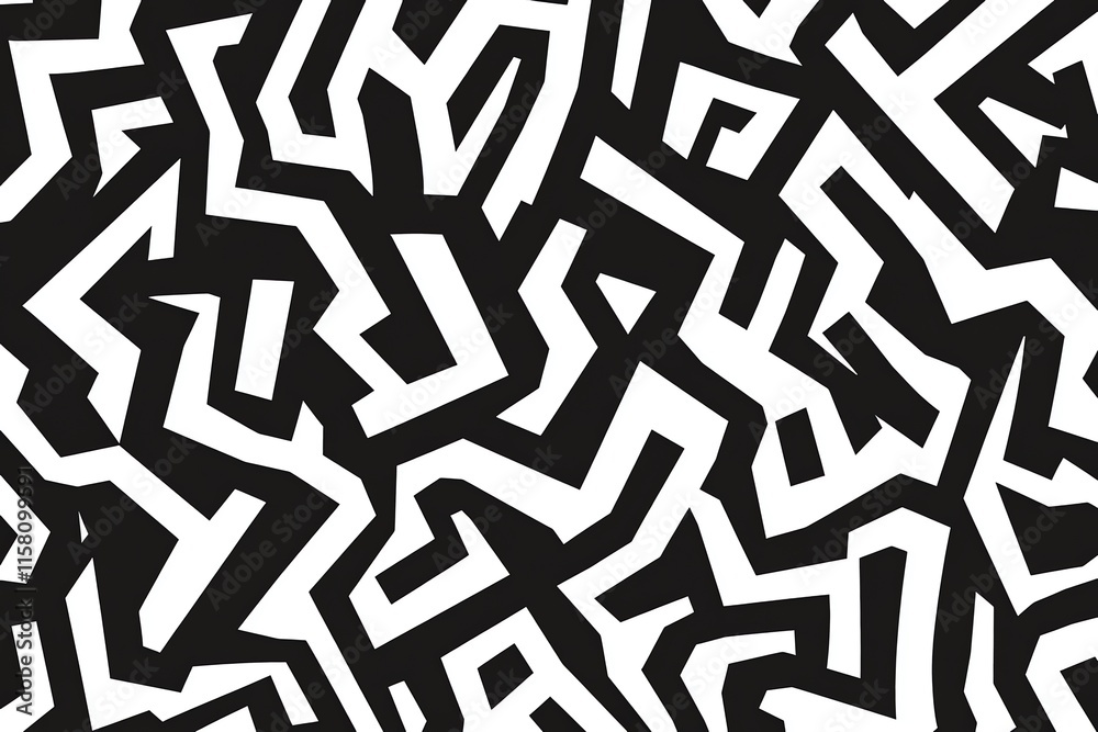 Abstract black and white pattern featuring intricate, zigzagging shapes and lines.