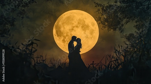 A dark night sky with a full moon silhouetting a couple embracing under a tree in a spooky Halloween landscape