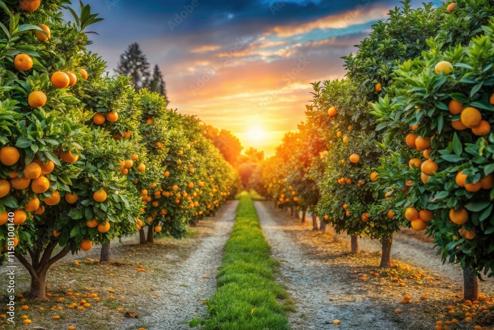 Fototapeta premium California Citrus Orchard Sunset, Riverside Orange Grove, Golden Hour Photography, Historic Park Food Photography
