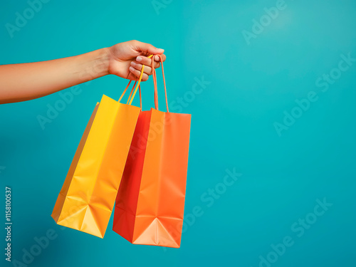 manos de mujer sosteniendo bolsas de compras de color anarajdo sobre azul celeste