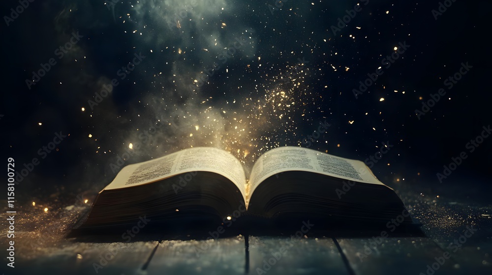 Naklejka premium An open book emits magical sparks in a dark, atmospheric setting.