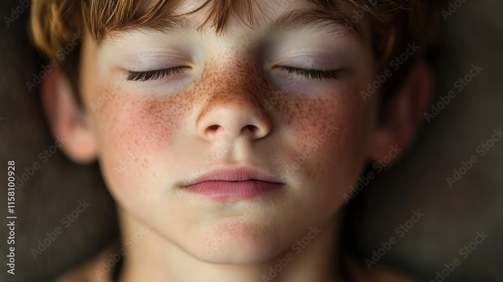 Close-up of a freckled boy's face, eyes closed. Perfect for themes of childhood, innocence, or peace. Close-up of a freckled boy's face, eyes closed. Perfect for themes of childhood, innocence, or peace.
