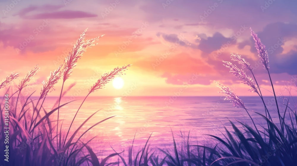 Serene sunset over calm ocean, grasses in foreground. Serene sunset over calm ocean, grasses in foreground.