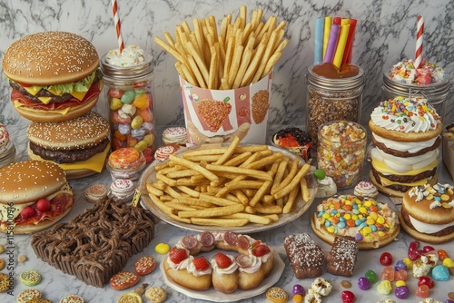 A vibrant assortment of burgers, fries, sweets, and candies on a marble surface. photo