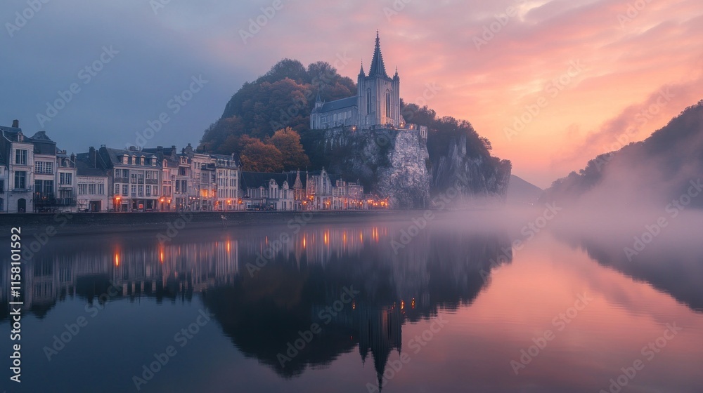 Fototapeta premium Misty sunrise over a river town with a castle on a hill.