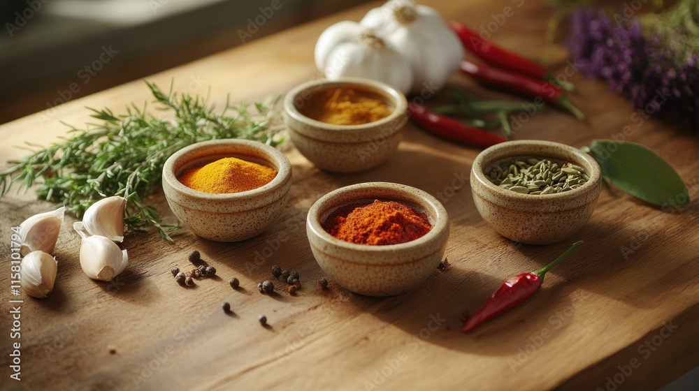 Aromatic spices, herbs, and garlic on wooden table. Aromatic spices, herbs, and garlic on wooden table.